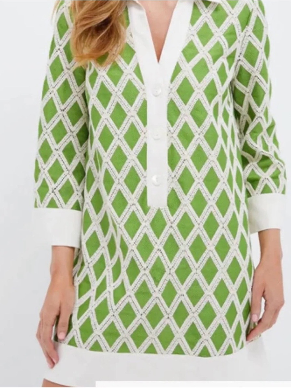 Tuckernuck Green Diamond-Print V-Neck Shift Dress with White Trim